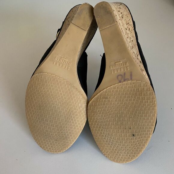 Stuart Weitzman Open Toe Slingback Wedge Sandal Eyeliner Black Suede Gro… - Picture 7 of 7